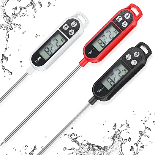 Copkim 3 Pcs Instant Read Meat Thermometer with Long Probe 9.65 Inch Kitchen Cooking Food Candy Waterproof Digital Thermometer for BBQ Water Milk Yogurt Liquid Cooking (Black,White,Red)