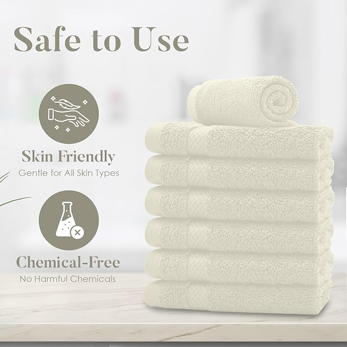 DAN RIVER 12-Pack Premium 100% Cotton Ivory Face Towels for Bathroom - Reusable Face Wash Cloths for Showering 12x12 Inches - 550 GSM Super Soft & Absorbent Luxury WashCloths for Body, Spa & Gym