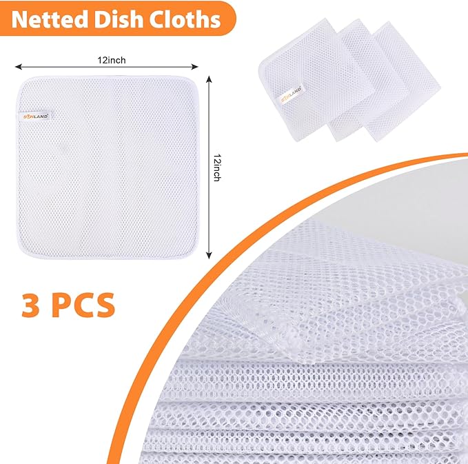 SUNLAND Netted Dish Cloths for Washing Dishes No Odor Dishes Scrubber for Kitchen-Fast Drying and Easy to Clean Mesh Dish Cloth 3 Pack 12Inch x12Inch White