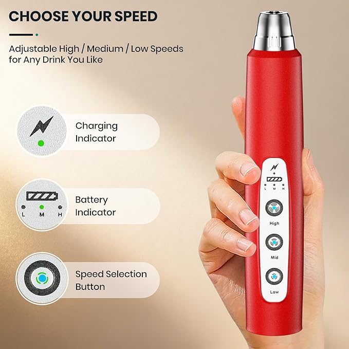 Colarlemo Milk Frother Handheld Rechargeable with Stand, Frother Wand Drink Mixer Electric Whisk for Coffee, Detachable With 3 Stainless Whisks, Hand Mixer for Lattes, Cappuccino, Matcha, Egg, Red
