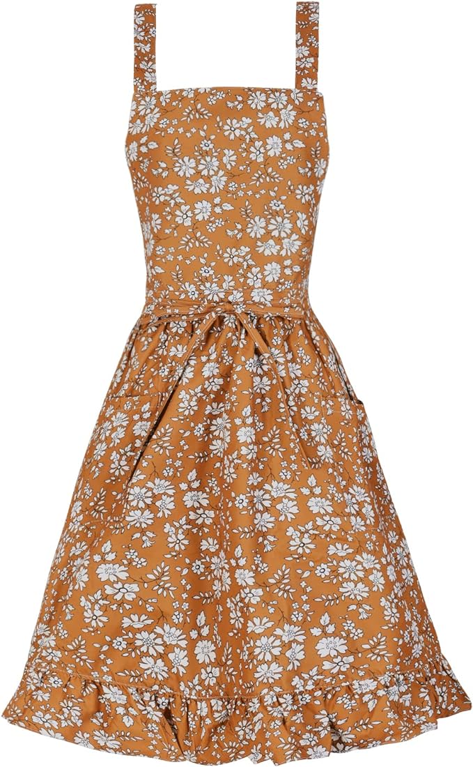 Pinknoke Vintage Pinafore Apron Dress for Women with Pockets Cute Floral Chef Aprons for Kitchen Cooking Baking Gardening