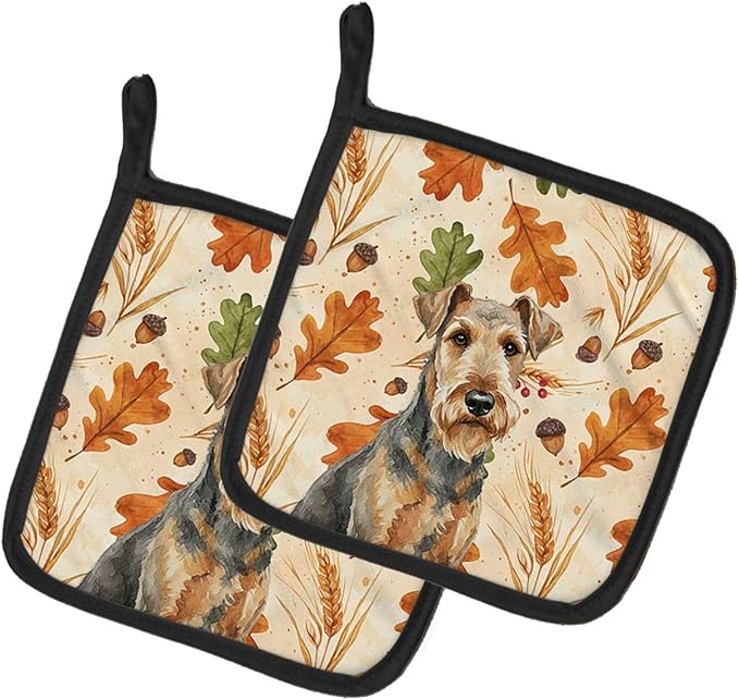 Caroline's Treasures Grizzle Airedale Terrier Heirloom Fall Pair of Pot Holders Pair 7.5x7.5 Quilted Insulated Hot Pads Decorative Kitchen Gift Made in USA