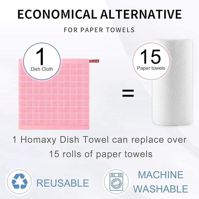Homaxy 100% Cotton Terry Kitchen Dish Cloths, Ultra Soft and Absorbent Dish Towels for Kitchen, Suitable for Drying and Washing Dishes, 4 Pack, 12 x 12 Inches, Pink