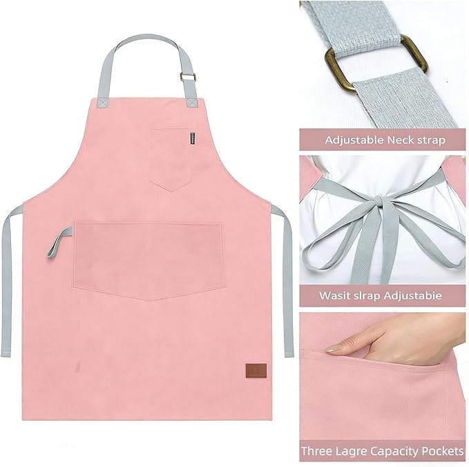 Womens Apron With Pockets Adjustable Shoulder Strap,Apron For Men 38.5" Extra-Long Straps Fit More Body Types,Chef Apron For Kitchen Garden Barbecue Woodworking. (Pink)
