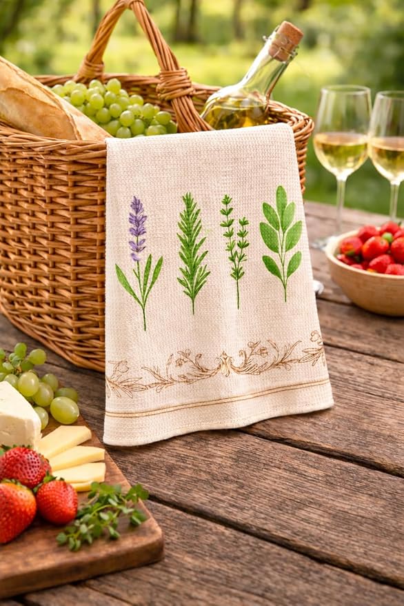 Easter Gift Kitchen Microfiber Waffle Tea Towels Set of 2 Absorbent & Fast Drying Dish Cloths for Cleaning,Vintage Floral Herbs Boho,Decorative Hand Towels for Bathroom,20x28 Inch(Vintage Four Herbs)