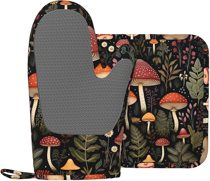Oven Mitts and Pot Holders Mushroom Botanical Leaf Vintage Silicone Kitchen Accessories Set of 2 Heat Resistant Long Gloves Potholder Non-Slip Grip for Chef Cooking Baking Grilling BBQ
