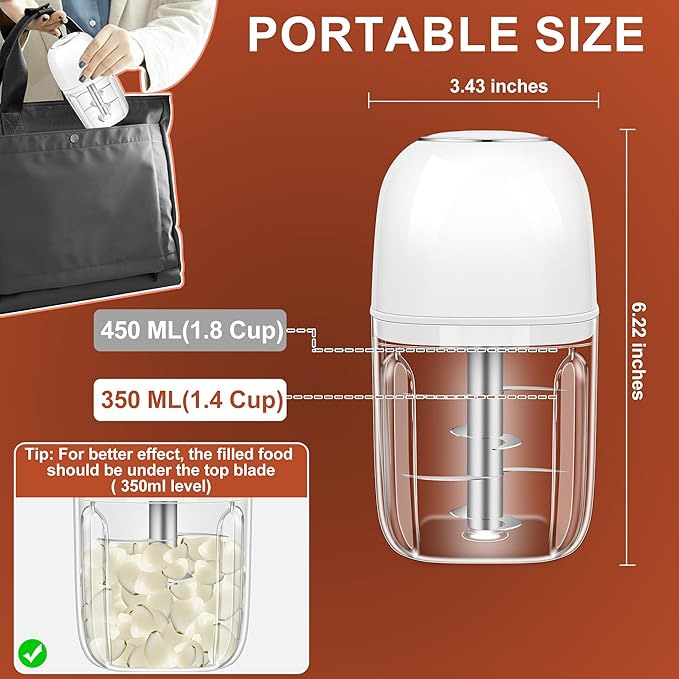 450ML (1.8 Cup) Electric Garlic Chopper, Mini Portable Food Processor, Garlic Grinder Masher for Onion, Ginger, Chili, Fruit, Vegetable, Meat
