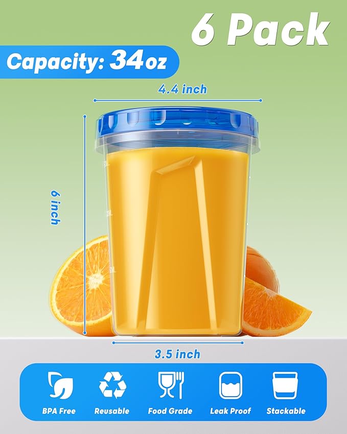 BiuLeon 6 Pack-34oz Freezer Storage Containers, Plastic Food Storage Containers with Twist Top Lids, BPA Free and Reusable Soup Containers with Lid, Microwave and Dishwasher Safe
