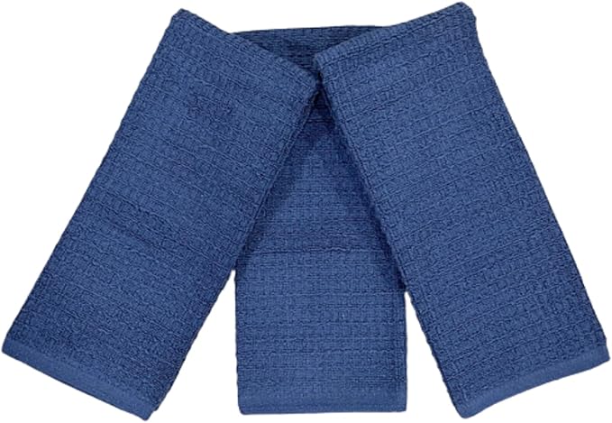 Serafina Home Waffle Blue Kitchen Dish Towels 100% Cotton Cloth Soft Cleaning Drying Absorbent Terry Box Loop: Set of 3 Multipurpose for Everyday Use, 18" x 28" (Blue Box)
