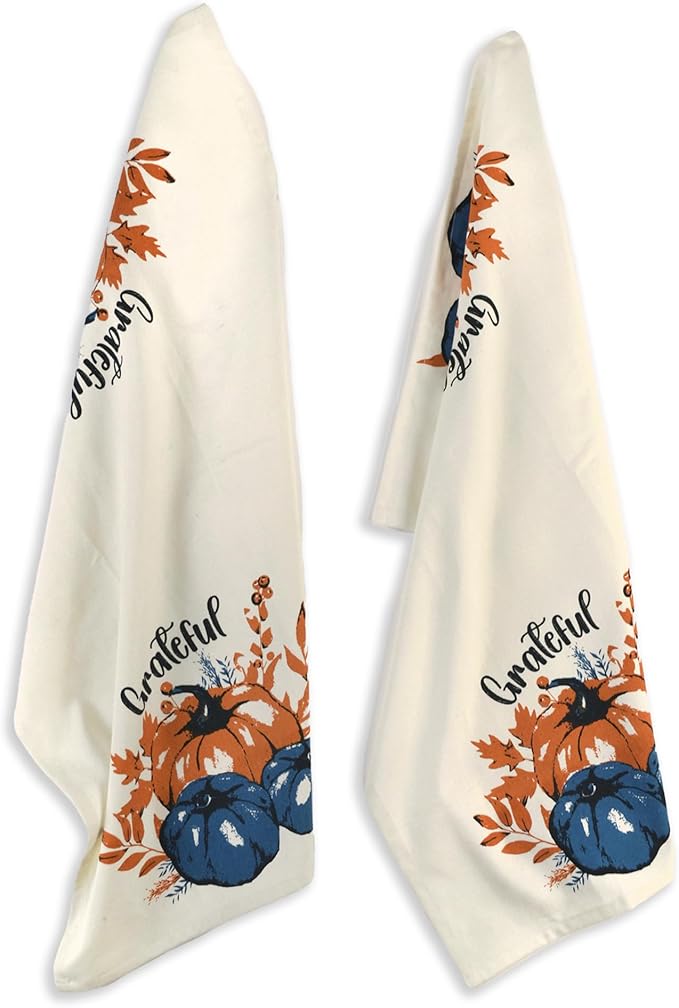 The Fine Living Company Set of 2 Grateful l Printed Dish Towels, Hand Towels, Boho Tea Towels - Multifunctional, Stylish, Absorbent, Quick Dry, Soft, 18" x28", 100% Cotton, Blue & Orange
