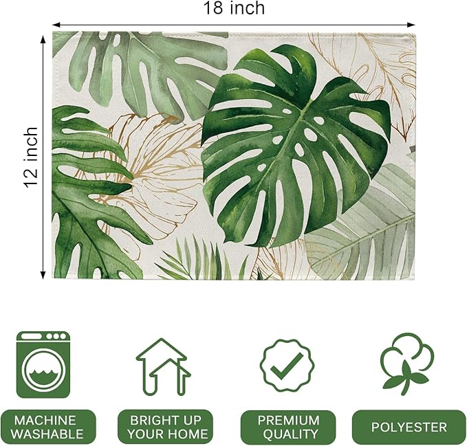 Seliem Spring Summer Palm Leaves Placemats Set of 4, Tropical Greenery Monstera Plant Dining Table Place Mats, Hawaii Seasonal Kitchen Decor Home Decoration 12 x 18 Inch