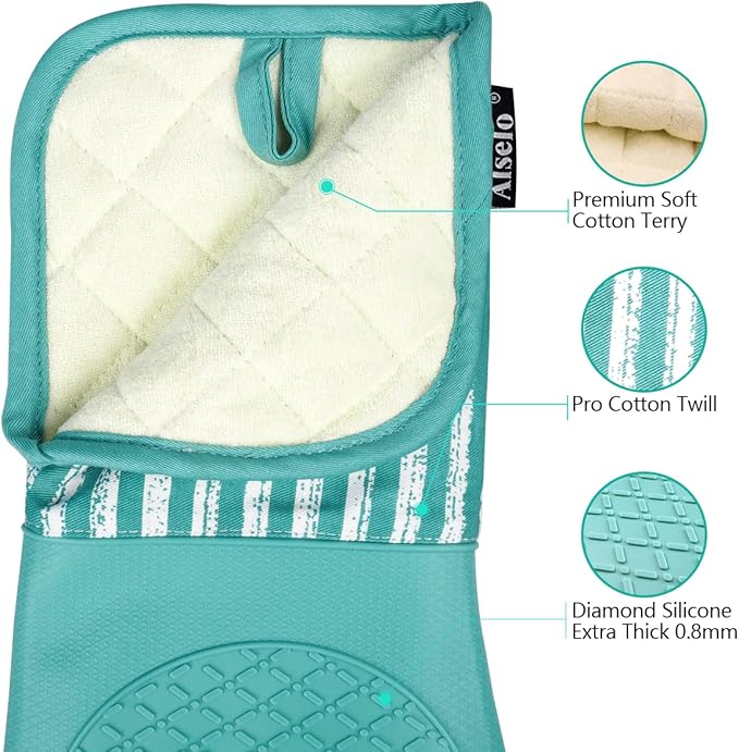 Alselo Silicone Oven Mitts Heat Resistant 932℉ with Waterproof & Non-Slip Kitchen Mittens, Set of 2 Extra Long Oven Gloves with Soft Cotton Terry Lining for Baking Cooking Barbecue