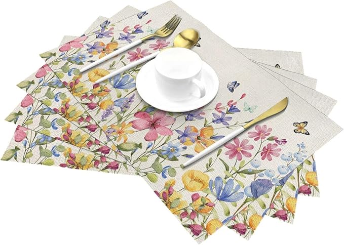 Spring Floral Placemats 12x18 Inches Set of 4 Colorful Flower Butterfly Decorative Rectangle Table Mats Summer Colorful Linen Place mats for Party Home Kitchen Dining Table Decor