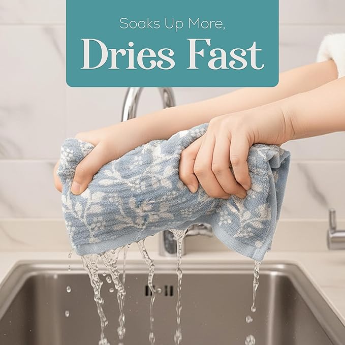 MosJos Kitchen Towels, Cotton Hand Towels, Blue and White Floral Vine Ribbed Hand Drying Cloth Set of 4 Absorbent Hand Towels, 18 x 28 Kitchen Linens