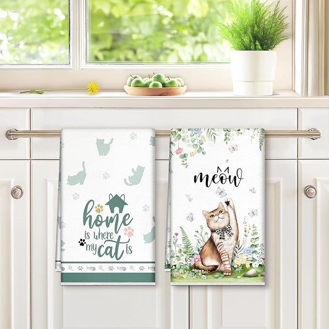 Cute Cat Spring Summer Microfiber Kitchen Towels, Soft Absorbent Hand Towel 15.7 × 23.6 Inch, Thick Dish Cloth for Party Anniversary Holiday Decoration, Housewarming Gifts for Mom