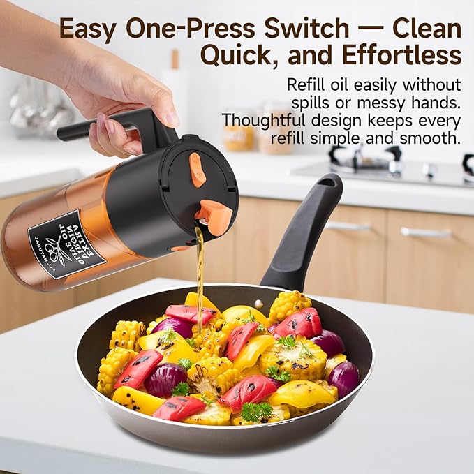 Oil Dispenser and Sprayer 16oz/500ml 2 in 1 Oil Mister for Cooking, Fine Mist Oil Sprayer with Portion Control Non Aerosol Leak Proof Design, UV Resistant Glass（Black）