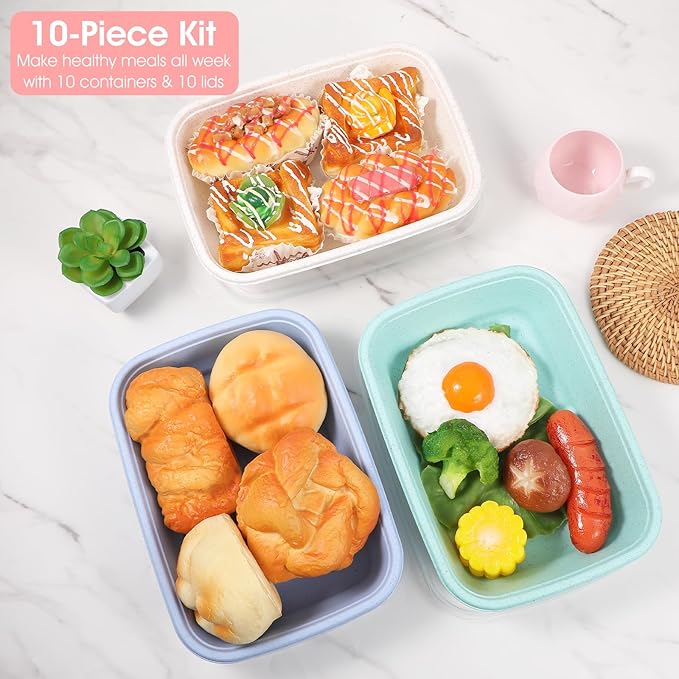 MAQUITA 10PCS Meal Prep Containers 1-Compartment, Wheat Straw Microwave Bento Lunch Box with Lids, Reusable & Stackable Food Storage Containers, Dishwasher Freezer Safe BPA Free