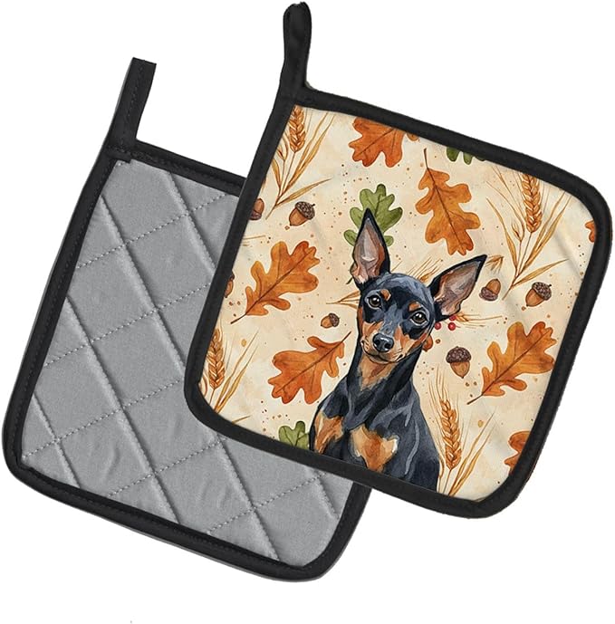 Caroline's Treasures Black and Tan Miniature Pinscher Heirloom Fall Pair of Pot Holders Pair 7.5x7.5 Quilted Insulated Hot Pads Decorative Kitchen Gift Made in USA