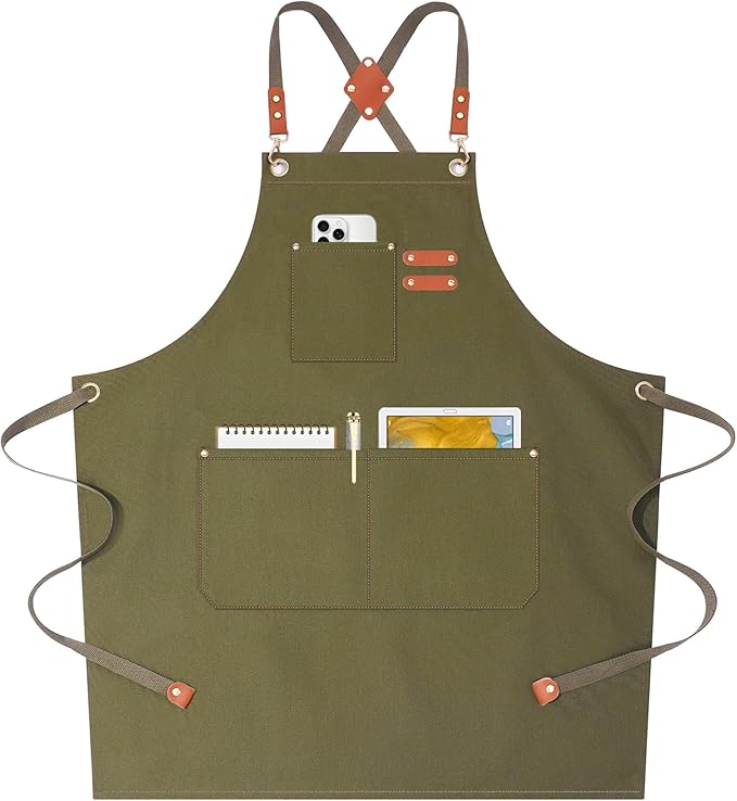 AFUN Chef Aprons for Women Men with Oversized Pockets, 12-Ounce Cotton Canvas Cross Back Water Repellent Apron (Grey Green)
