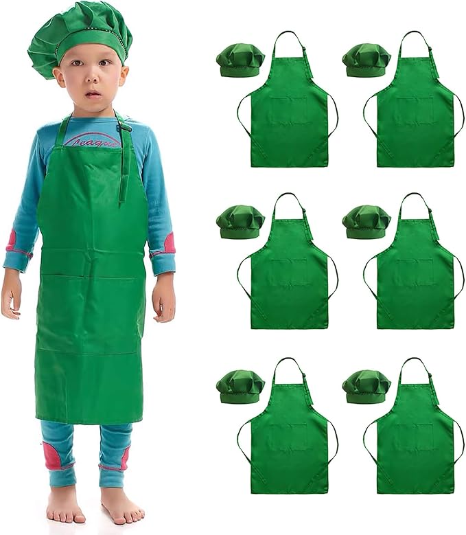 6 Pack Adjustable Kids Apron and Chef Hat for Cooking Baking Painting Art, Kids Apron for Girl Boy with 2 Pockets