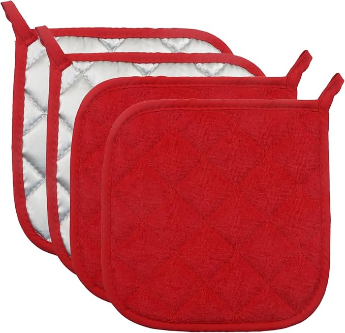 4 Pcs Quilted Pot Holder, Cotton Heat Resistant Hot Pads for Kitchen, Countertops, Oven Pot Holders (Red)