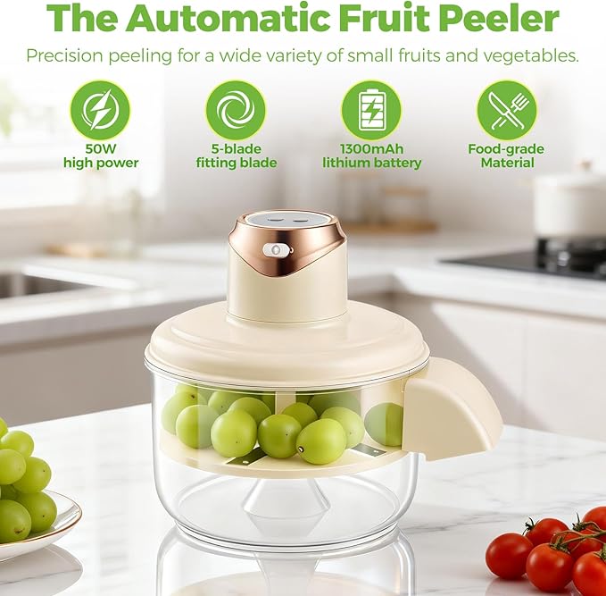 Electric Grape Peeler Machine, 50W High Power Automatic Garlic Peeler & Cherry Tomato Skin Remover, Upgraded 5-Blade System, 1300mAh Rechargeable Fruit Peeling Tool for Salad & Kitchen