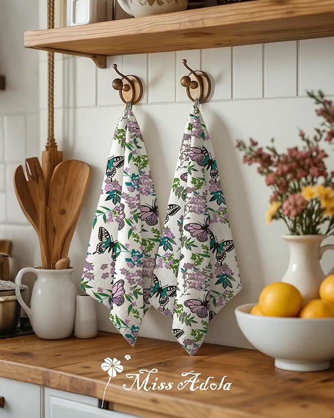 Miss Adola Flour Sack Kitchen Towels - Set of 2 Cotton Dish Towels with Hanging Loop Decorative 18x26 Inch Absorbent Cute Design for Housewarming Gifts, Purple Butterfly