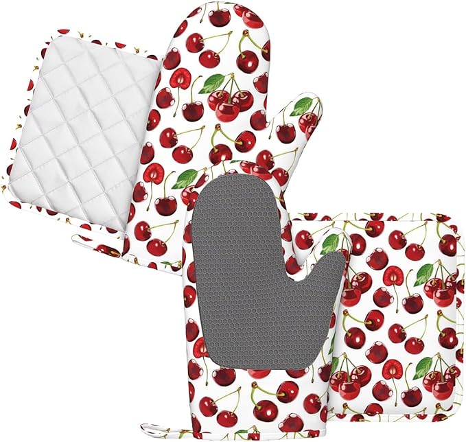 Cherry Fruit Pattern Oven Mitts and Pot Holders 4 pcs Set Silicone Cherry Fruit Kitchen Oven Mitt Gloves Pot Holders Non-Slip Heat Resistant Cooking Mitts Set for Kitchen Baking Grilling BBQ