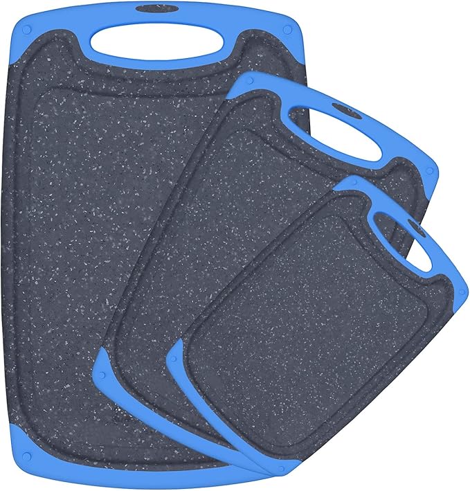 Plastic Cutting Board, 3 Pieces Dishwasher Safe Cutting Boards with Juice Grooves, Easy Grip Handle, Non-Slip, with Grinding Area for Grinding Garlic and Ginger（blue）