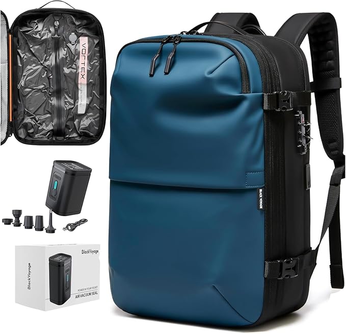 BlackVoyage Vortex Vacuum Seal Travel Backpack 60L Expandable Air Compression System Water Resistant TSA Lock Carry-On Suitcase Luggage Blue AERO - Vacuum Pump Included
