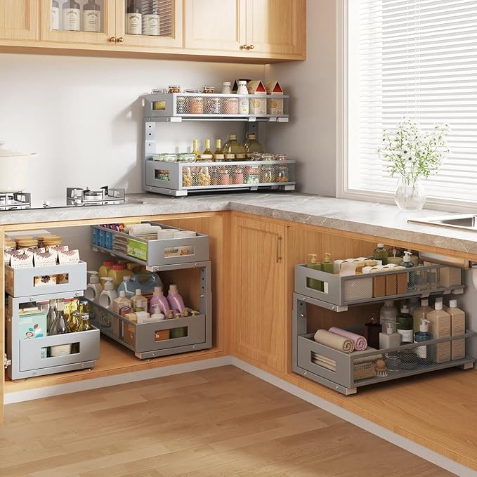 2 Packs 19IN Depth Under Sink Organizer, 2-Tier Pull Out Cabinet Organizer With Smooth Circular Rail, Large Capacity Metal Mesh Sliding Drawers For Bathroom& Kitchen Storage,Height Adjustable–Gun Gray
