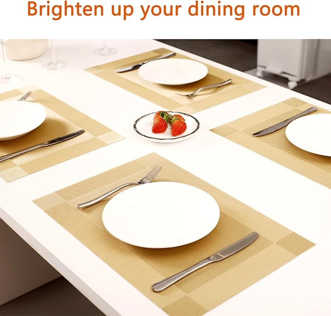 Placemats Set of 8 Washable&Wipeable Place mats for Dining Table Kitchen Indoor Outdoor Table Mats Heat Resistant Non Slip Woven Vinyl Table Placemats (Gold，8PCS)