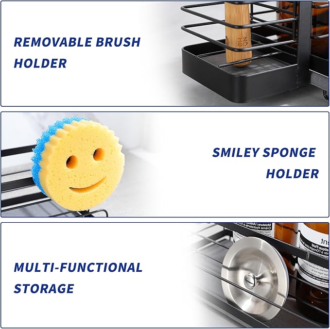Kitchen Sink Organizer with Instant Drying Stone, Dish Sponge Holder for Kitchen Sink, Stainless Steel Kitchen Brush Holder