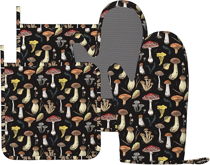 Black Mushroom Oven Mitts and Pot Holders 4 pcs Set Silicone Mushrooms Kitchen Oven Mitt Gloves Pot Holders Non-Slip Heat Resistant Cooking Mitts Set for Kitchen Baking Grilling BBQ