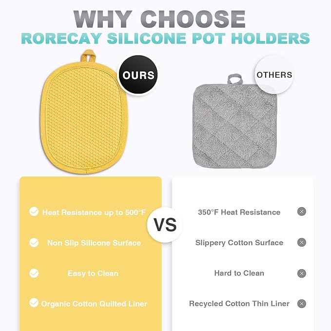 2-Pack Silicone Pot Holders for Kitchen Heat Resistant up to 500°F, Non-Slip Large Hot Pads with Pocket, Quilted Liner Trivets for Countertops Hot Pots and Pans (Yellow)