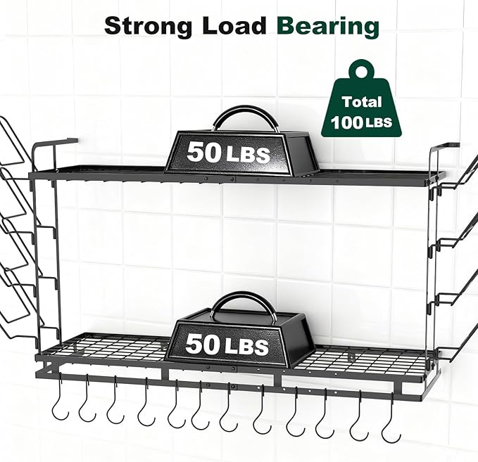 Housolution Pot Rack Wall Mounted, 22''-30'' Length Expandable, 3 Level Height Adjustable, 2 Tier Heavy Duty Hanging Cookware Pan Organizer with 12 Hooks and 8 Lid Holders