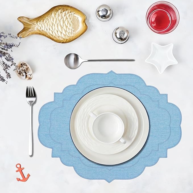 Cotton Linen Oval Placemats Set of 4, HADEEONG Table Mats Cloth Placemats, Washable Wrinkle Resistance, Scalloped & Embroidered Fabric Placemats, 17.71 x 13.77inch (Sky Blue, 4)