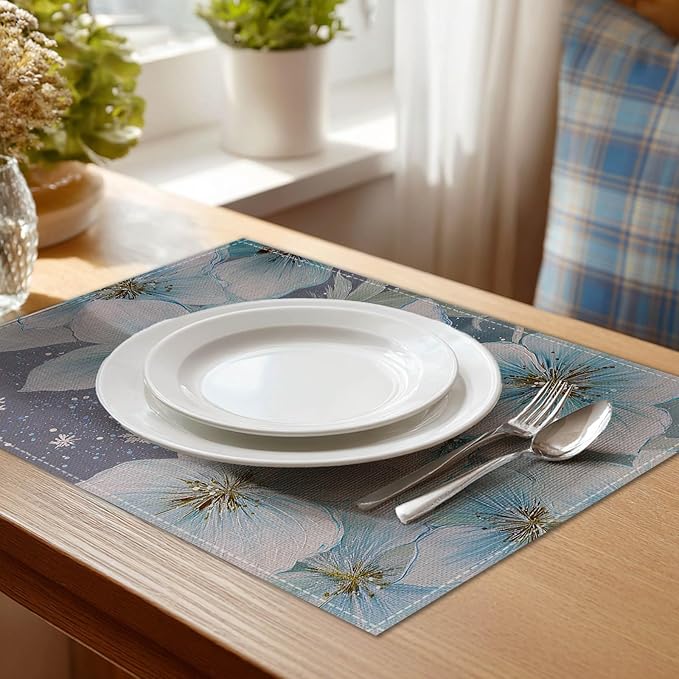 HOMETITUTE Placemats Set of 4 12x18 inch Blue Floral Table Mats for Dining Table Linen Placemats Farmhouse Decorations Kitchen Decor Desk Mat for Outdoor Home Party Kitchen Seasonal Dining
