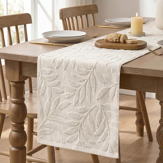 Artoid Mode Beige Soft Cotton Jacquard Leaves Spring Table Runner, Holiday Kitchen Dining Table Decoration for Home Party Decor 13x72 Inch