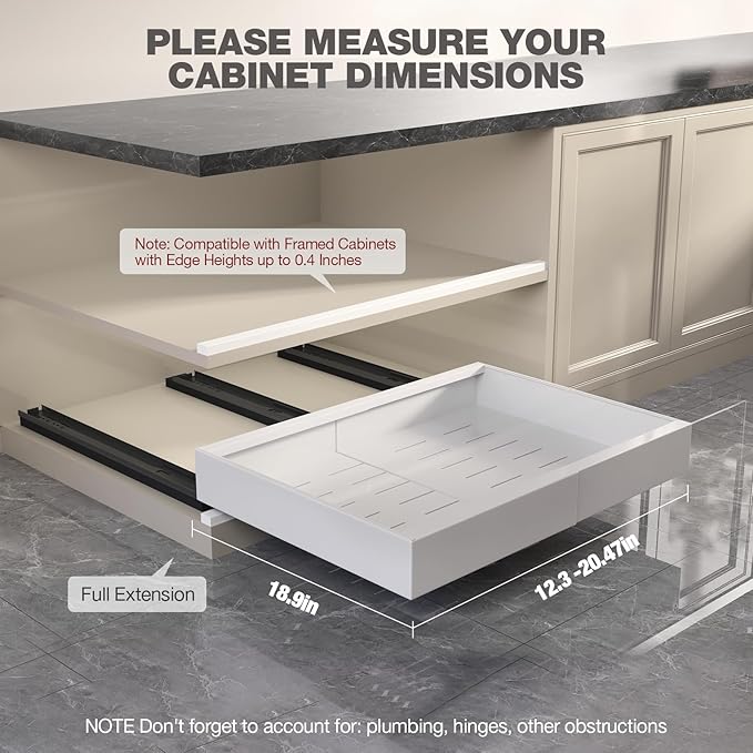Seinloes 2 Pack Pull Out Cabinet Organizer 19" Deep,Full Extension 3 Slide Rails Slide Out Drawers With Raising Pad for Framed Cabinets,Expandable Width (12.3"-20.5"),No Drill Roll Out shelf,White