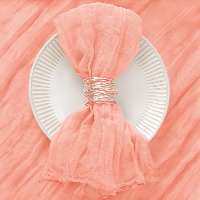 DeZerlor 12 Pack Coral Pink Cheesecloth Napkins Fall Thanksgiving Cloth Napkins Set of 12 Dinner Table Napkins Bulk 21x21 Inches for Thanksgiving Wedding Bridal Shower Baby Shower Xmas Party