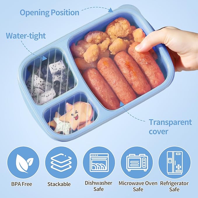 Bento Box Adult Lunch Box - 3 Pack,3-Compartment Leak-Proof Bento Boxes Ideal Portion Sizes for Kids , Reusable Food Storage Snack Containers,Microwave and Dishwasher Safe & Food-Safe Materials (blue)