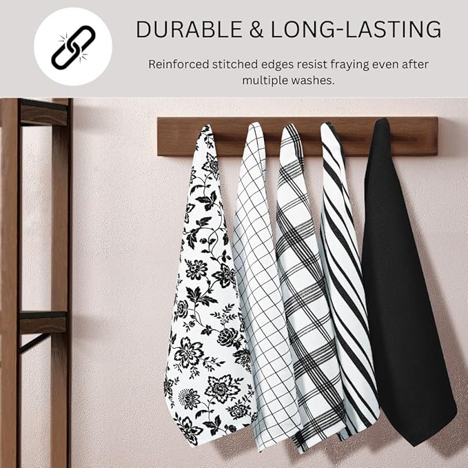 Assorted Kitchen Towels 100% Cotton 16x26 Inch - Super Absorbent, Soft & Quick Drying, Multi-Purpose for Drying & Cleaning, Ideal for Kitchen & Home Use, Set of 5 Low-Lint Dish Towels Black