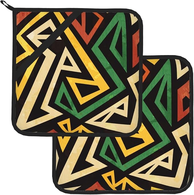 Pot Holders 2 Pcs Sets for Kitchen African Tribe Ethnic,Oven Pan Plate Bowl Pads Heat Proof Mat with Hanging Loop, Heat Resistant Potholders for Cooking Vintage Geometric Bohemian