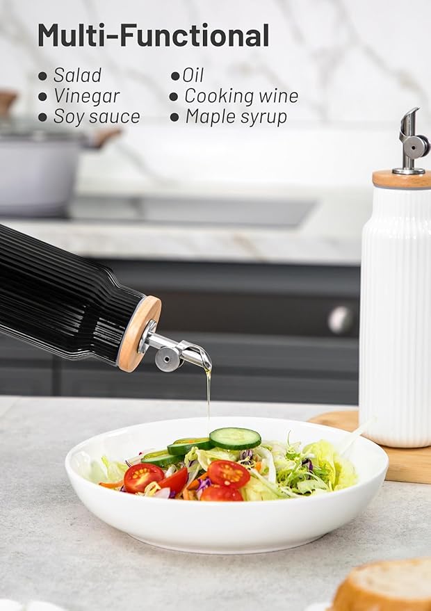 Nucookery 20oz Ceramic Olive Oil Dispenser Bottle for Kitchen spray, Large Capacity Cooking Oil Container for Storage Vinegar, Soy Sauce, Coffee Syrup, Liquids, Black