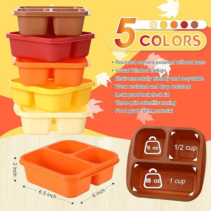 Honeydak 5 Pack Snack Containers 3 Compartment Bento Snack Boxes Divided Meal Prep Containers with Lids Reusable Adults Lunch Food Storage Box for School Work Travel(Fall Color)