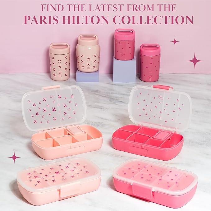 Paris Hilton 2-Pack Bento Style Snack Boxes, 7-Compartment Lunch Containers with Built-In Phone Stand, Removable Dividers and Dip Containers, Pink Heart Print
