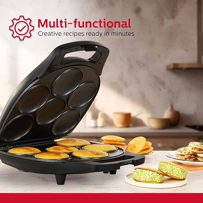 Holstein Housewares Non-Stick 6-Section Multi-Food Maker - Arepas, Mini Pancakes, Corncakes and More, 6-PC, Matte Black