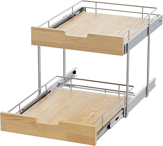 Sikarou Pull Out Cabinet Organizer,Heavy-Duty Slide Out Shelf, Wood and Wire Basket, Pull Out Drawer for for Kitchen Under Sink Space, Pantry, Bathroom, 2 Tie 14 * 21 in