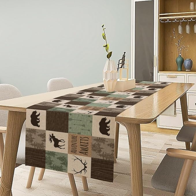 Bear Deer Table Runner, Vintage Rustic Farmhouse Hunting Cabin Art Printed Runner for Home Kitchen Dining Table Living Room Decor Fabric 1 Panel W13xL120in